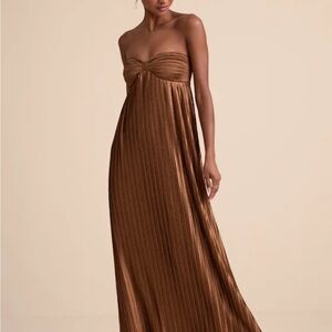 NWT Lulu's Whimsical Beauty Brown Satin Plisse Strapless Maxi Dress